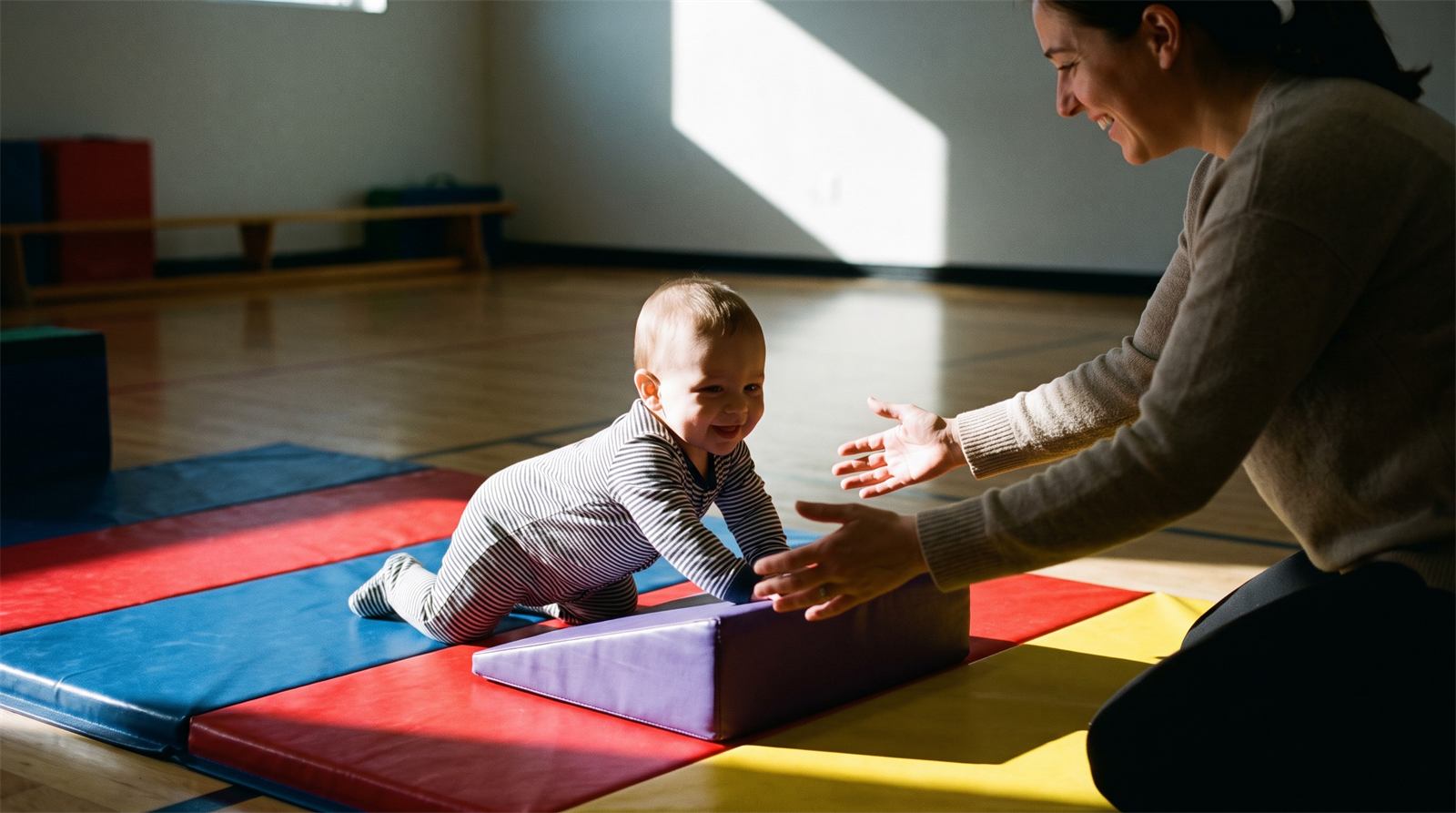 Baby crawling over a soft wedge mat toward a parent