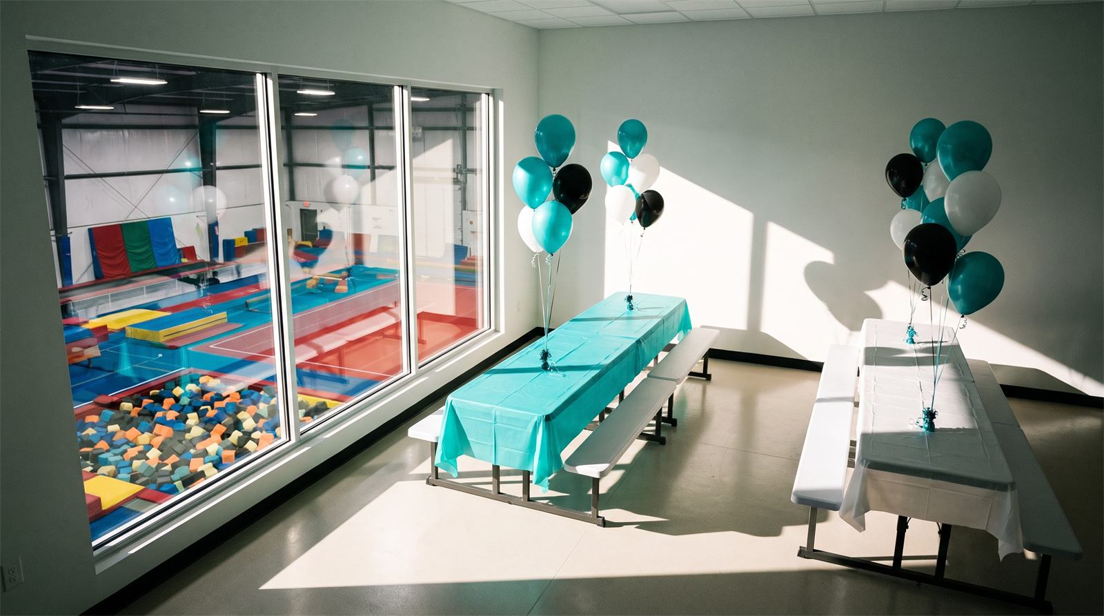 Upstairs party room with tables, balloons and a window over the gym